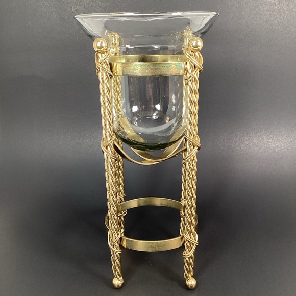 Vintage Brass Candle Stand Holder Twisted Rope Design with Glass Bowl 11" High - Picture 4 of 14